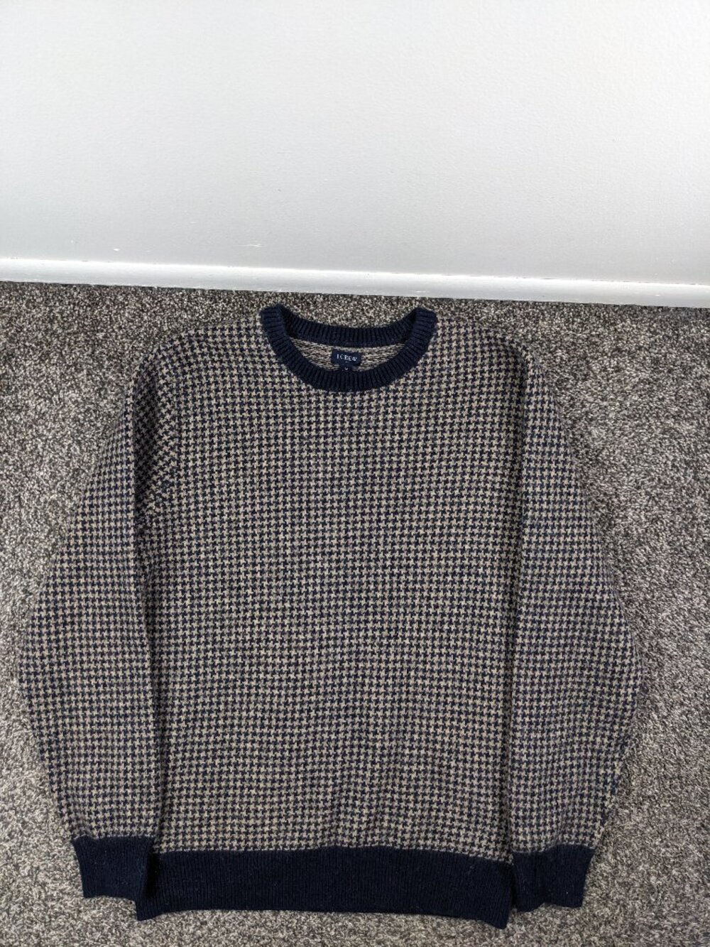 2024 J Crew Sweater Lambswool Houndstooth Checked Crewneck Blue Tan Mens Medium